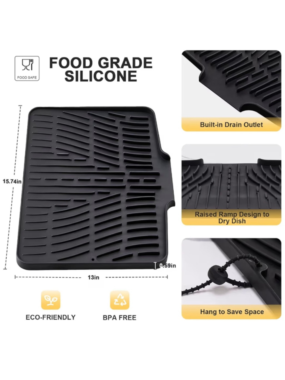NEW Silicone Dish Drying Mat Kitchen Counter Non-Slip Dish Drying Pad Drain - Picture 2 of 7